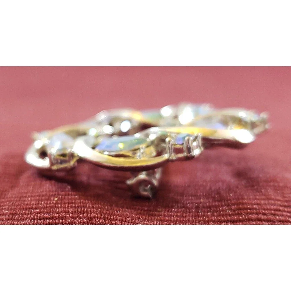 Vintage Unsigned Round Metal Brooch/Pin, Silver Tone Ribbon, Blue Rhinestones